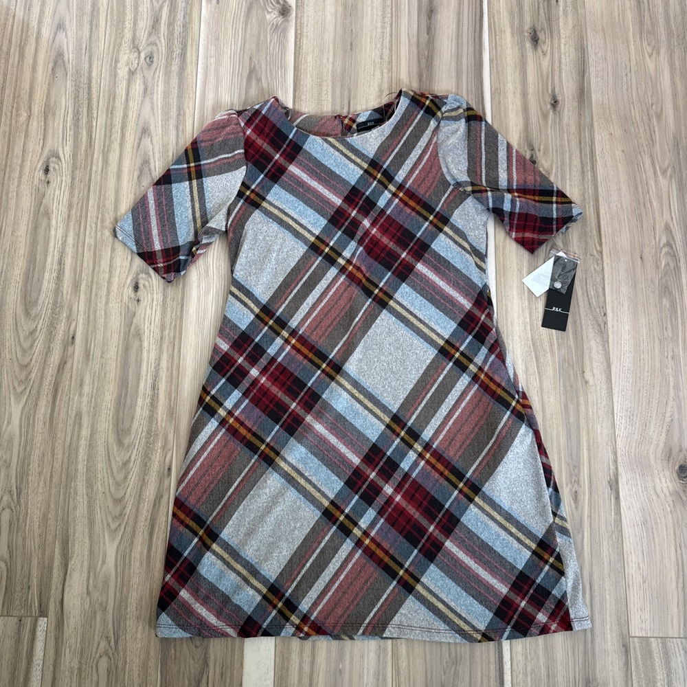 B&K Grey Brown Plaid Short Sleeve Shift Dress Size S 10239J